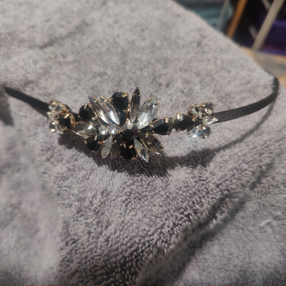 Chic Black satin  and Silver Crystal Headband